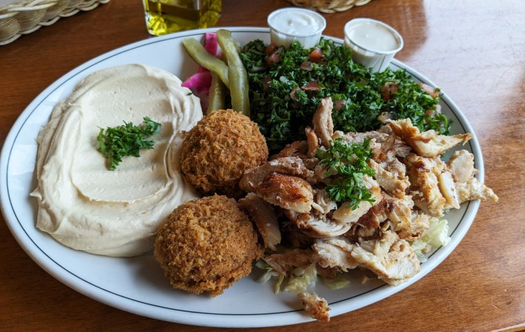 Shawarma and falafel plate at Tarboosh Restaurant