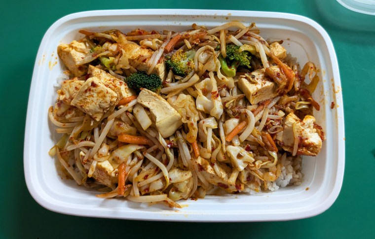 Stir-fried vegetables and steamed rice with tofu at Mr. Yummy